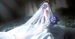 Rule 34 | 1girl, absurdres, alternate costume, backless dress, backless outfit, bare shoulders, bouquet, bridal veil, dress, floomf, flower, hair ornament, halo, highres, holding, holding bouquet, hololive, hololive english, lace, lace sleeves, long dress, long hair, looking at viewer, ninomae ina&#039;nis, pointy ears, purple eyes, purple flower, purple hair, solo, tentacle hair, traditional halo, train (clothing), veil, very long hair, virtual youtuber, wedding dress, white dress