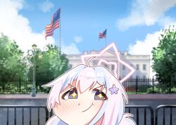 Rule 34 | + +, 1girl, :t, absurdres, american flag, blue archive, fence, flag, grey eyes, hair ornament, hairpin, halo, highres, li j5269, looking to the side, reisa (blue archive), smirk, solo, symbol-shaped pupils, united states, v-shaped eyebrows, white hair, white house