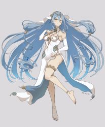 1girl alternate_costume anklet azura_(fire_emblem) bad_anatomy bare_shoulders barefoot blue_hair blue_nails braid breasts bridal_gauntlets chinese_clothes commentary covered_navel detached_sleeves dress fingernails fire_emblem fire_emblem_fates full_body grey_background hair_between_eyes hand_on_own_chest highres jewelry karashino long_hair looking_at_viewer medium_breasts nail_polish nintendo panties pendant simple_background smile solo thighs toenails twitter_username underwear veil very_long_hair white_dress white_panties white_sleeves yellow_eyes
