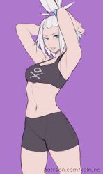 1girl absurdres black_shorts blue_eyes highres kalruna midriff nintendo pokemon pokemon_bw2 roxie_(pokemon) shorts solo sports_bra white_hair