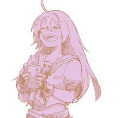 1girl :d ahoge another_eden blush cellphone closed_eyes commentary_request cropped_shirt double-parted_bangs fingerless_gloves foran_(another_eden) gloves hair_between_eyes hatching_(texture) holding holding_phone laughing linear_hatching long_hair michibata_65 midriff monochrome navel neckerchief open_mouth phone pink_theme sailor_collar school_uniform serafuku shirt short_sleeves simple_background smartphone smile solo teeth upper_body upper_teeth_only v-shaped_eyebrows white_background