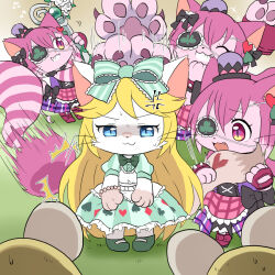 2others 5girls :3 alice_(cat_busters) animal_ears annoyed apron blonde_hair blue_eyes bow bowtie cat_busters cat_ears cat_girl cat_tail cheshire_(cat_busters) chibikemo classic_lolita clone commentary_request dress eyepatch furry furry_female green_bow green_bowtie green_dress green_shoes grin hair_bow hat jitome lolita_fashion long_hair mary_janes mini_hat mini_top_hat mouse_(cat_busters) multiple_girls multiple_others purple_eyes purple_fur purple_hair shoes short_hair smile socks surrounded tail top_hat very_long_hair wataboshi white_apron white_fur white_socks