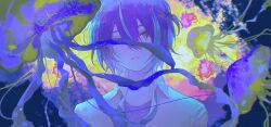 Rule 34 | 1boy, animal, aqua hair, collared shirt, crew neck, double-parted bangs, gag1tdiucvpteok, hair between eyes, highres, jellyfish, kamishiro rui, looking at viewer, male focus, multicolored hair, one eye covered, one side up, open collar, parted lips, project sekai, purple hair, purple shirt, shirt, short hair, solo, streaked hair, upper body, white shirt, yellow eyes