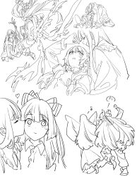 2girls barefoot blush bow branch closed_eyes closed_mouth collared_shirt commentary_request fighting fire fujiwara_no_mokou greyscale hair_bow hand_on_another&#039;s_shoulder heart highres houraisan_kaguya jeweled_branch_of_hourai kiss kissing_cheek lap_pillow long_hair mero_(starfish_jcs) monochrome multiple_girls musical_note open_mouth pyrokinesis shirt shoes smile spoken_blush sweatdrop toes touhou very_long_hair wide_sleeves yuri
