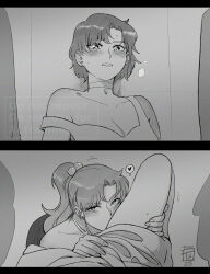 2girls adversarial_noise bare_shoulders between_legs bishoujo_senshi_sailor_moon blush breath choker commentary dress earrings english_commentary female_pov greyscale hair_behind_ear heart highres jewelry kino_makoto kissing_thigh long_hair looking_at_viewer mizuno_ami monochrome multiple_girls parted_lips ponytail pov short_hair single_off_shoulder sleeveless sleeveless_dress spoken_heart stud_earrings ticcy watermark yuri