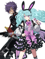 &gt;:( 1boy 1girl animal_ear_hairband animal_ears aqua_eyes aqua_hair belt black_choker black_gloves black_hairband black_nails black_pants black_ribbon black_skirt bow bowtie center_frills chain chain_bracelet choker closed_mouth commentary_request dark-skinned_male dark_skin detached_sleeves electric_guitar fake_animal_ears fingerless_gloves fingernails fluffy_hair frilled_hairband frilled_shirt frilled_socks frills gloves grey_belt grin guitar guitar_strap hair_over_one_eye hairband highres holding holding_guitar holding_instrument holding_microphone idol_land_pripara instrument katasumi_amari large_bow long_hair long_sleeves looking_at_viewer looking_back looking_to_the_side mario_(pripara) microphone miniskirt multicolored_eyes musical_staff nail_polish one_eye_covered pants parimi_(tobari) pink_bow pink_bowtie polka_dot polka_dot_skirt polka_dot_socks pretty_series pripara puffy_long_sleeves puffy_sleeves punk purple_eyes purple_hair rabbit_ear_hairband rabbit_ears red_eyes ribbon ribbon-trimmed_sleeves ribbon_trim serious shirt short_hair side-by-side skirt sleeveless sleeveless_shirt slit_pupils smile socks standing teeth thick_eyebrows turning_head twintails two-tone_eyes v-shaped_eyebrows white_background white_shirt white_sleeves white_socks