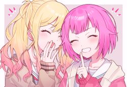 2girls ^_^ blonde_hair blush bob_cut border brown_cardigan cardigan closed_eyes dot_nose eyelashes finger_to_mouth fingernails gradient_hair grey_background grey_shirt grin hand_to_own_mouth hand_up happy kikutouji long_hair miyamasuzaka_girls&#039;_academy_school_uniform multicolored_hair multiple_girls neckerchief ootori_emu open_mouth pink_cardigan pink_hair project_sekai red_neckerchief sailor_collar sailor_shirt school_uniform shirt shushing simple_background sleeves_past_wrists smile tenma_saki twintails upper_body wavy_hair white_border white_sailor_collar