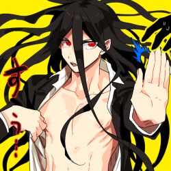 Rule 34 | 1boy, :o, black hair, black jacket, collarbone, danganronpa (series), danganronpa 2: goodbye despair, hair between eyes, jacket, kamukura izuru, long sleeves, looking at viewer, male focus, open clothes, open jacket, open shirt, outstretched arm, red eyes, simple background, solo focus, teeth, undressing, upper body, upper teeth only, uurin, yellow background