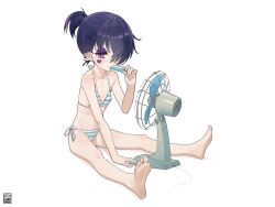 1girl absurdres barefoot bikini blue_bikini breasts eating electric_fan food full_body highres kwms loli looking_at_viewer original ponytail popsicle purple_eyes side-tie_bikini_bottom sitting small_breasts soles solo striped_bikini striped_clothes summer swimsuit toes white_bikini