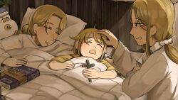 Rule 34 | 3girls, bird, blonde hair, book, chicken, closed eyes, clumsy nun (diva), commentary, cross, crucifix, diva (hyxpk), drooling, duck, english commentary, headpat, highres, holding, holding cross, little nuns (diva), long hair, mole, mole on cheek, mole under mouth, mouth drool, multiple girls, open mouth, scrunchie, shirt, short hair, sleeping, smile, strict nun&#039;s mother (diva), strict nun (diva), under covers, white scrunchie, white shirt, yellow shirt