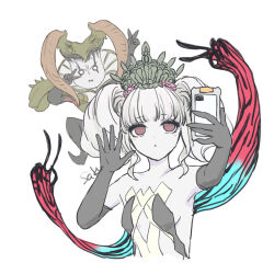1boy 1girl :o character_request commentary dot_nose double_v elbow_gloves ferdiad final_fantasy final_fantasy_xiv gloves grey_gloves highres photobomb red_eyes saku_ff11 scathach_(ff14) selfie short_twintails simple_background symbol-only_commentary tiara twintails v white_background white_hair