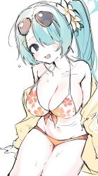 1girl ao_(mintz) aqua_hair bikini blue_archive blue_eyes blue_hair blush breasts cleavage embarrassed eyewear_on_head floral_print floral_print_bikini flower flying_sweatdrops green_halo hair_flower hair_ornament hair_over_one_eye halo highres hiyori_(blue_archive) hiyori_(swimsuit)_(blue_archive) jacket large_breasts long_hair looking_at_viewer multicolored_bikini navel official_alternate_costume open_mouth orange_bikini see-through_clothes side_ponytail sitting smile solo sunglasses swimsuit unfinished wet yellow-framed_eyewear yellow_jacket