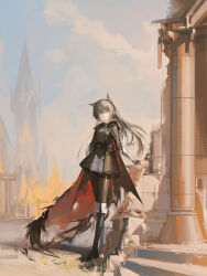 1girl absurdres animal_ears arknights belt black_belt black_cape black_dress black_footwear black_thighhighs boboyo boots brown_eyes cape closed_mouth column dress full_body grey_hair highres long_hair looking_at_viewer outdoors pillar smile texas_(arknights) texas_the_omertosa_(arknights) texas_the_omertosa_(wingbreaker)_(arknights) thighhighs