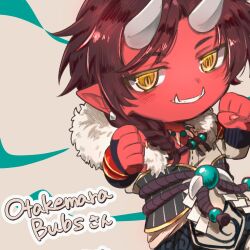 Rule 34 | 1boy, borrowed character, braid, brown hair, character name, chibi, chibi only, clenched hands, colored skin, commission, commissioner name, earrings, fingerless gloves, fur-trimmed hood, fur trim, gloves, grin, highres, hood, horns, jewelry, ko iwari ngo, male focus, monster boy, necklace, original, otakemaru bubs, pointy ears, red skin, sharp teeth, single braid, skeb commission, slit pupils, smile, teeth, tooth necklace, tusks, virtual youtuber, white horns, yellow eyes