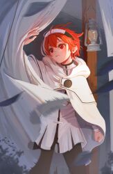 Rule 34 | 1girl, absurdres, black pants, cape, clenched hand, closed mouth, curtains, dress, eris greyrat, hairband, highres, lamp, long sleeves, mushoku tensei, pants, red eyes, red hair, short hair, solo, standing, tinivast, twitter username, white cape, white dress