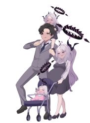 Rule 34 | 3girls, absurdres, ahoge, baby, baby carrier, black hair, black necktie, blue archive, blush, breasts, collared shirt, demon horns, dress, family, father and daughter, formal clothes, grey dress, grey pants, grey suit, halo, highres, hina (blue archive), horns, husband and wife, large breasts, long hair, long sleeves, madrawing, mother and daughter, multiple girls, necktie, open mouth, pants, parted bangs, ponytail, pregnancy halo, pregnant, purple eyes, sensei (blue archive), sensei (blue archive the animation), shirt, short hair, smile, suit, very long hair, white background, white shirt