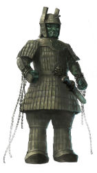 armor chain chisel colored_skin daiei_motion_picture daimajin daimajin_(film) daimajin_(series) demon giant giant_monster golem green_eyes green_skin helmet highres impaled injury japanese_armor kaiju monster nail_(hardware) samurai scabbard sheath spirit statue sword ultra-taf warrior weapon