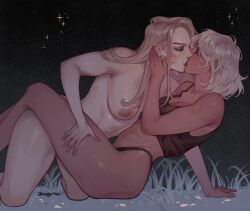 2girls ahageao49 baldur&#039;s_gate baldur&#039;s_gate_3 between_legs black_panties black_tank_top blonde_hair breasts commentary completely_nude dame_aylin dungeons_&amp;_dragons dungeons_&amp;_dragons english_commentary french_kiss grass hand_on_another&#039;s_neck highres isobel_(baldur&#039;s_gate) kiss large_breasts long_hair medium_hair multiple_girls night night_sky nipples nude outdoors panties scar scar_on_face sky star_(sky) tank_top underwear underwear_only white_hair yuri