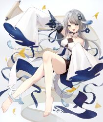 1girl :d arm_up bare_legs bare_shoulders barefoot commentary_request detached_sleeves dress full_body genshin_impact grey_eyes grey_hair guizhong_(genshin_impact) hair_ornament highres hiwokawa looking_at_viewer open_mouth parted_bangs short_hair_with_long_locks sleeveless sleeveless_dress sleeves_past_fingers sleeves_past_wrists smile solo tassel tassel_hair_ornament white_dress white_sleeves wide_sleeves