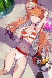 1girl alternate_costume bare_arms bare_legs bare_shoulders beach bikini bird blue_eyes blush brown_hair curvy highres indoors long_hair looking_at_viewer lying multicolored_bikini navel neon_genesis_evangelion official_alternate_costume on_back open_clothes open_mouth penguin penpen shiny_skin souryuu_asuka_langley swimsuit two-tone_bikini untied_bikini wet wide_hips yagisawa_teru