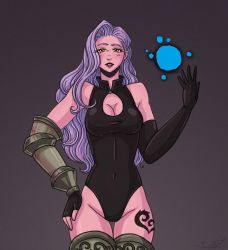 1girl alternate_universe armor bare_shoulders cleavage_cutout breasts female_focus gloves highres jericho_(nanatsu_no_taizai) large_breasts long_hair looking_at_viewer magic nanatsu_no_taizai official_alternate_costume aged_up orb purple_hair solo sword tattoo thighhighs weapon yellow_eyes