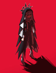 1girl absurdres arknights black_dress black_halo coif dot_nose dress from_above full_body grey_hair halo highres long_hair long_sleeves looking_at_viewer nun red_background red_eyes red_theme roro_(ro121_) shadow shoes simple_background smile solo specter_(arknights) standing