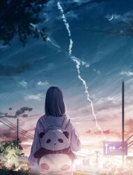 1girl absurdres amenomori_howa animal_bag backpack bag black_hair cloud commentary_request contrail crescent_moon from_behind highres long_sleeves medium_hair moon original outdoors panda_bag plant power_lines road_sign scenery sign sky solo star_(sky) sunset sweater tree utility_pole white_sweater
