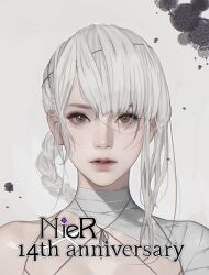 1girl anniversary asymmetrical_hair bandaged_arm bandaged_neck bandages braid braided_hair_rings brown_eyes commentary copyright_name d.k english_commentary grey_background hair_rings kaine_(nier) looking_at_viewer medium_hair nier nier_(series) parted_lips portrait single_hair_ring solo straight-on white_hair
