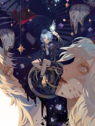 1boy absurdres black_shoes blue_hair gloves hair_over_one_eye highres honkai:_star_rail honkai_(series) long_sleeves misha_(honkai:_star_rail) pogogu purple_eyes shirt shoes short_hair shorts solo thigh_strap white_gloves