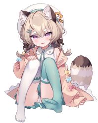 animal_ear_fluff asymmetrical_legwear bamboo_shoot blush braid brown_hair chocola_vt coat collared_shirt fang green_thighhighs hair_between_eyes hair_ornament hairclip hat highres komachi_panko long_hair looking_at_viewer low_twin_braids mismatched_legwear off_shoulder open_mouth panties phase_connect pink_coat pink_eyes red_panda_ears red_panda_girl red_panda_tail shirt sidelocks simple_background sitting sleeveless sleeveless_shirt smile thick_eyebrows thighhighs twin_braids underwear upskirt white_background white_hat white_panties white_shirt white_thighhighs