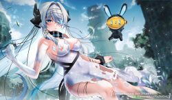 1girl black_collar blue_eyes blue_nails breasts building character_name cloud collar colored_extremities covered_navel dress eyelashes facial_mark grey_hair hair_intakes hair_ornament hair_over_one_eye headgear highres indie_virtual_youtuber large_breasts long_hair maru_ccy noa_talent official_art sayu_sincronisity single_wrist_cuff sky skyscraper torn_clothes torn_dress virtual_youtuber white_dress wrist_cuffs