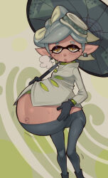 +_+ 1girl breasts earrings female_focus gloves grey_hair hellbrain highres jewelry looking_at_viewer marie_(splatoon) midriff mole mole_under_eye navel nintendo pointy_ears pregnant small_breasts solo splatoon_(series) sweat tentacle_hair umbrella yellow_eyes