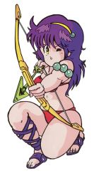1girl ankle_lace-up arrow_(projectile) athena_(series) bikini bow_(weapon) cross-laced_sandals drawing_bow full_body hairband holding holding_arrow holding_bow_(weapon) holding_weapon long_hair non-web_source official_art one_eye_closed open_mouth princess_athena purple_hair red_bikini simple_background solo squatting swimsuit weapon white_background yellow_eyes