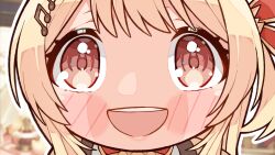 Rule 34 | :d, blonde hair, blush, close-up, fortissimo, hair ornament, highres, hololive, hololive dev is, kukie-nyan, musical note, musical note hair ornament, one side up, open mouth, otonose kanade, red ribbon, regloss (hololive), ribbon, smile, very big eyes, virtual youtuber