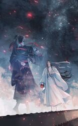 Rule 34 | 2boys, arm behind back, artist name, black boots, black hair, black hanfu, blue sash, boots, chinese clothes, cloud, commentary, crying, crying with eyes open, english commentary, fading, falling petals, floating hair, full body, hair ribbon, hanfu, headband, high ponytail, highres, holding, holding jug, jug (bottle), lan wangji, long hair, long sleeves, looking at another, male focus, minataka94, modao zushi, multiple boys, night, night sky, on rooftop, outdoors, outstretched arm, parted lips, petals, ponytail, red petals, red ribbon, red sash, ribbon, robe, rooftop, sash, sky, smile, standing, star (sky), starry sky, tears, transparent, very long hair, watermark, wei wuxian, white hanfu, white headband, wide sleeves, wind, yaoi, yellow eyes