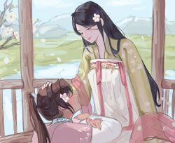 2girls black_eyes blue_sky branch chinese_clothes closed_eyes closed_mouth commentary flower green_hanfu hair_flower hair_ornament hand_on_another&#039;s_head hanfu julia_(julinhei) lin_buxian long_hair long_sleeves mole mole_under_eye mountainous_horizon multiple_girls pink_hanfu ponytail ruzhui sitting skirt sky smile symbol-only_commentary white_flower white_skirt yun_an