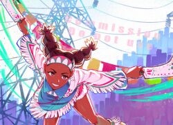1girl bead_necklace beads black_hair brown_eyes club_(weapon) commentary commission dark-skinned_female dark_skin earrings english_commentary headband highres holding holding_weapon jewelry lily_hawk mango_(mgosketches) native_american necklace pogamoggan power_lines smile solo street_fighter street_fighter_6 transmission_tower twintails watermark weapon