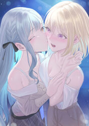 2girls absurdres bang_dream! bang_dream!_it&#039;s_mygo!!!!! black_ribbon blonde_hair blue_hair bra braid breasts brown_skirt cleavage commentary fat123 grey_skirt hair_ribbon highres kiss kissing_cheek large_breasts long_hair medium_breasts medium_hair misumi_uika multiple_girls one_eye_closed open_mouth plaid_clothes plaid_skirt pleated_skirt purple_eyes ribbon shirt sidelocks single_off_shoulder skirt togawa_sakiko underwear white_shirt yellow_eyes yuri