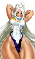 1girl abs aka6 animal_ears arms_behind_head boku_no_hero_academia breasts dark-skinned_female dark_skin female_focus highleg highleg_leotard highres large_breasts leotard long_hair mirko muscular muscular_female rabbit_ears rabbit_girl red_eyes skin_tight smile solo thick_thighs thighs white_background white_hair white_leotard wide_hips
