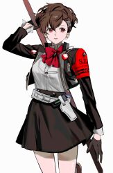 1girl black_gloves black_jacket black_skirt breasts brown_hair brown_shoes collared_shirt commentary cowboy_shot gloves half_gloves highres holding holding_polearm holding_weapon jacket light_smile looking_to_the_side medium_breasts medium_hair neck_ribbon or_i_i parted_lips persona persona_3 persona_3_portable polearm ponytail red_eyes red_ribbon ribbon shiomi_kotone shirt shoes simple_background skirt solo weapon white_background white_shirt