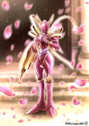 armor blurry blurry_background blurry_foreground digimon digimon_(creature) flower full_body highres holding holding_flower holding_shield knight lordknightmon petals pink_armor ribbon shield solo twitter_username watagashikn