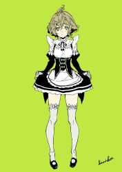 1boy ahoge alternate_costume apron clothes_lift corset cosplay crossdressing curly_hair detached_sleeves dress dress_lift enmaided frilled_dress frills full_body green_background highres himiko_(326ontheweb) lifting_own_clothes maid maid_apron mary_janes parted_lips pigeon-toed pinocchio_(sinoalice) re:zero_kara_hajimeru_isekai_seikatsu rem_(re:zero) shoes short_hair signature sinoalice sleeveless sleeveless_dress solo thighhighs trap white_thighhighs zettai_ryouiki