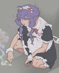 Rule 34 | ..., 1girl, absurdres, alternate costume, apron, black dress, cigarette, commentary request, dress, enmaided, highres, holding, holding cigarette, looking at viewer, maid, maid day, maid headdress, open mouth, purple eyes, purple hair, short hair with long locks, smoke, solo, squatting, toriniku29, translation request, vocaloid, voiceroid, white apron, yuzuki yukari