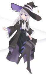 1girl black_bow black_hat black_pantyhose black_robe blush bow elaina_(majo_no_tabitabi) hair_between_eyes hat highres large_hat long_hair long_sleeves looking_at_viewer majo_no_tabitabi open_clothes open_mouth open_robe pantyhose robe solo user_knaj5334 white_hair witch witch_hat