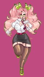 1girl absurdres breasts choker cleavage curvy earrings female_focus full_body glasses green_eyes heart highres jamoart jewelry large_breasts long_hair necktie nicole_demara pink_hair secretary simple_background solo thick_thighs thighhighs thighs twintails wide_hips zenless_zone_zero