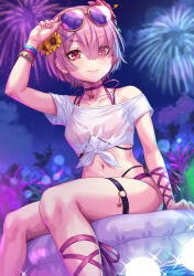 1girl aerial_fireworks bangle bikini bikini_visible_through_clothes bracelet closed_mouth collarbone eyes_visible_through_hair eyewear_on_head fireworks flower hair_flower hair_ornament hair_over_one_eye highres innertube jewelry leg_ribbon navel o-ring o-ring_bikini o-ring_thigh_strap pink_eyes pink_hair purple_ribbon ram_(re:zero) re:zero_kara_hajimeru_isekai_seikatsu ribbon sakiyamama shirt short_hair solo star_(symbol) sunflower sunflower_hair_ornament sunglasses swim_ring swimsuit thigh_strap tied_shirt white_shirt wrist_ribbon