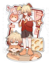 1boy aged_down alternate_costume arm_tattoo blonde_hair braid brown_shorts character_name chest_tattoo chimera_(honkai:_star_rail) chinese_commentary commentary_request eren_330520 facial_tattoo gradient_hair hair_between_eyes hat highres honkai:_star_rail honkai_(series) long_sleeves male_focus medium_hair multicolored_hair mydei_(honkai:_star_rail) off_shoulder oversized_clothes oversized_shirt red_hair red_hat red_shirt red_tattoo shirt shorts side_braid solo tattoo yellow_eyes