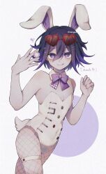 1boy animal_ears bare_shoulders blush bow bowtie commentary covered_navel danganronpa_(series) danganronpa_v3:_killing_harmony detached_collar english_text eyewear_on_head fishnet_pantyhose fishnets flipped_hair grey_background hair_between_eyes hands_up heart heart-shaped_eyewear highres leotard licking_lips looking_at_viewer male_focus oma_kokichi pale_skin pantyhose pectoral_cleavage pectorals playboy_bunny purple_bow purple_bowtie purple_eyes purple_hair rabbit_boy rabbit_ears rabbit_tail short_hair simaenaga_v3 simple_background skindentation smile solo sunglasses symbol-only_commentary tail thigh_strap tongue tongue_out trap twitter_username upper_body white_background white_leotard