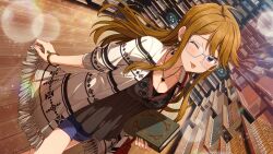 Rule 34 | 1girl, bag, blue eyes, bookshelf, bracelet, breasts, brown hair, cleavage, earrings, game cg, glasses, handbag, holding, idolmaster, idolmaster million live!, idolmaster million live! theater days, jacket, jewelry, official art, one eye closed, short shorts, shorts, solo, tokoro megumi, tongue, tongue out