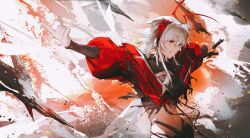 1girl antennae arknights black_shorts black_tube_top cheonyeon-hi cowboy_shot crop_top cross-shaped_pupils demon_girl demon_horns grin highres horns jacket long_sleeves medium_hair official_alternate_costume open_clothes open_jacket open_mouth orange_eyes outstretched_arms puffy_sleeves red_jacket shorts sidelocks smile solo spread_arms strapless symbol-shaped_pupils teeth tube_top w_(arknights) white_hair wis&#039;adel_(arknights)